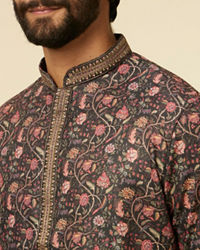 Manyavar Men Kohl Black Bel Butti Patterned Kurta Set