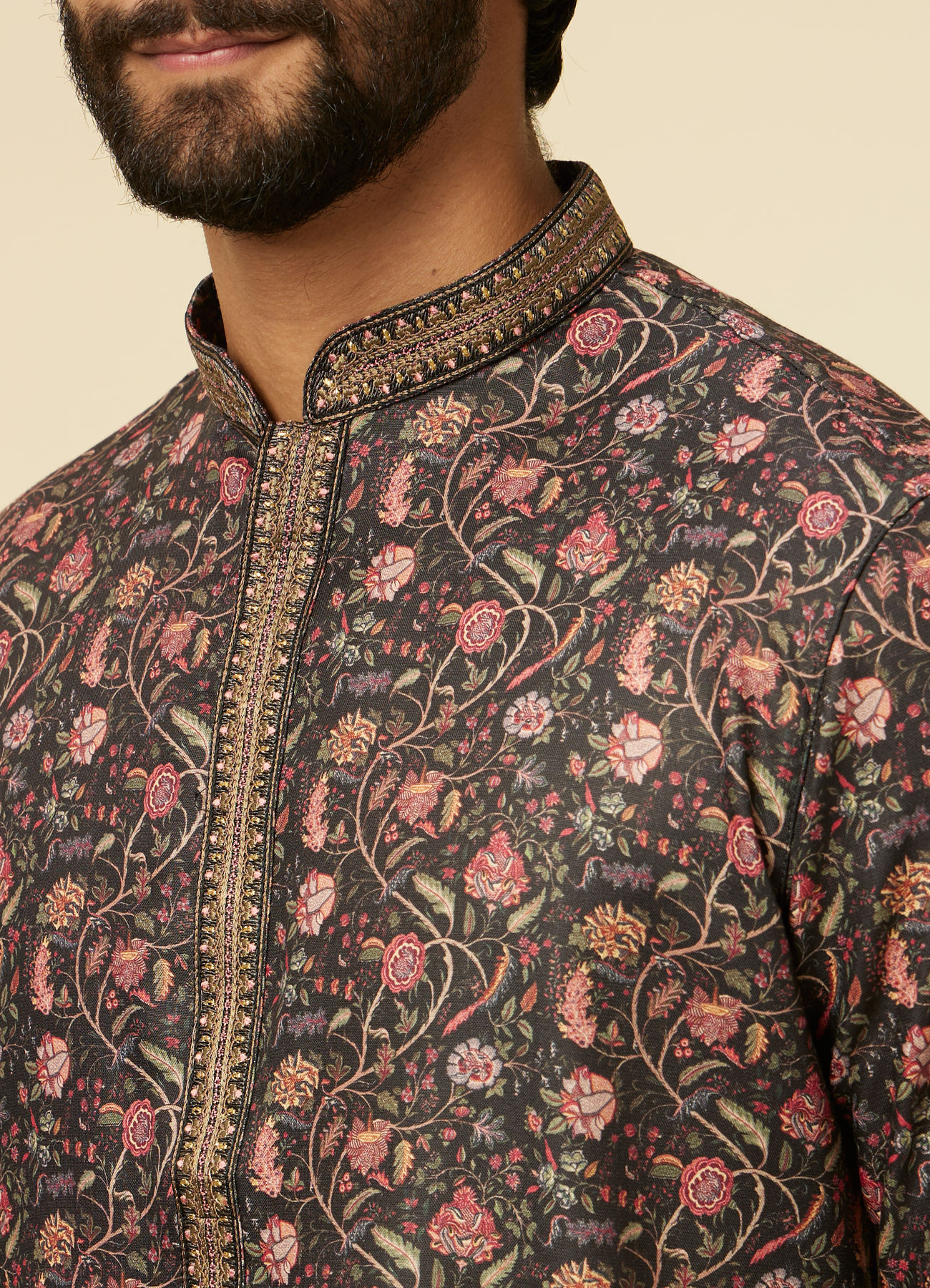 Manyavar Men Kohl Black Bel Butti Patterned Kurta Set