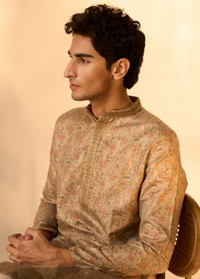 Manyavar Men Pista Green Bel Buti patterned Kurta Set