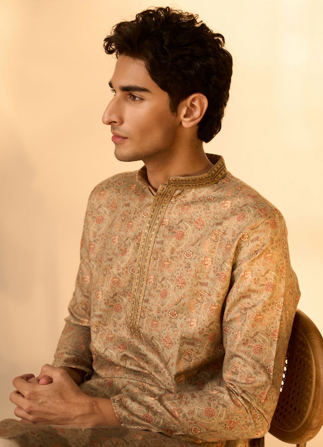 Manyavar Men Pista Green Bel Buti patterned Kurta Set