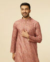 alt message - Manyavar Men Rust Bel Buti Patterned Kurta Set image number 0