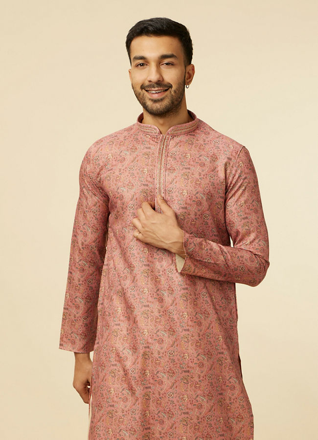 alt message - Manyavar Men Rust Bel Buti Patterned Kurta Set image number 0