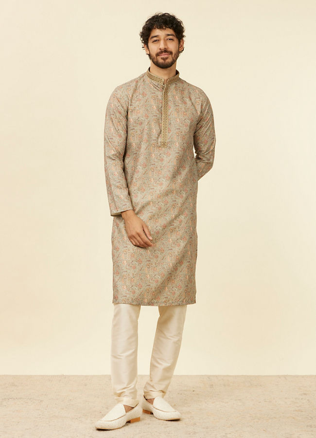 alt message - Manyavar Men Pista Green Bel Buti patterned Kurta Set image number 2