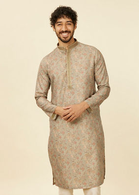 alt message - Manyavar Men Pista Green Bel Buti patterned Kurta Set image number 0