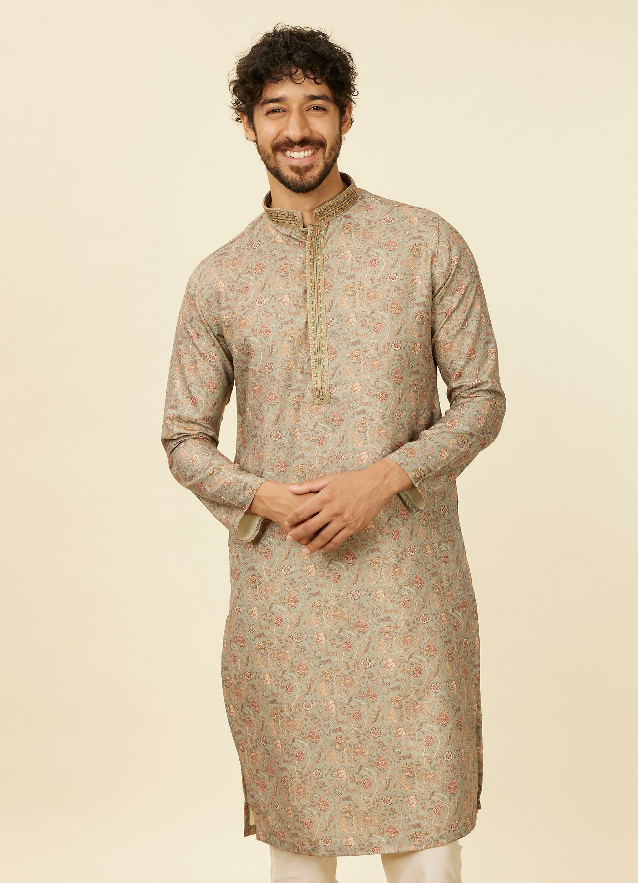 Manyavar Men Pista Green Bel Buti patterned Kurta Set