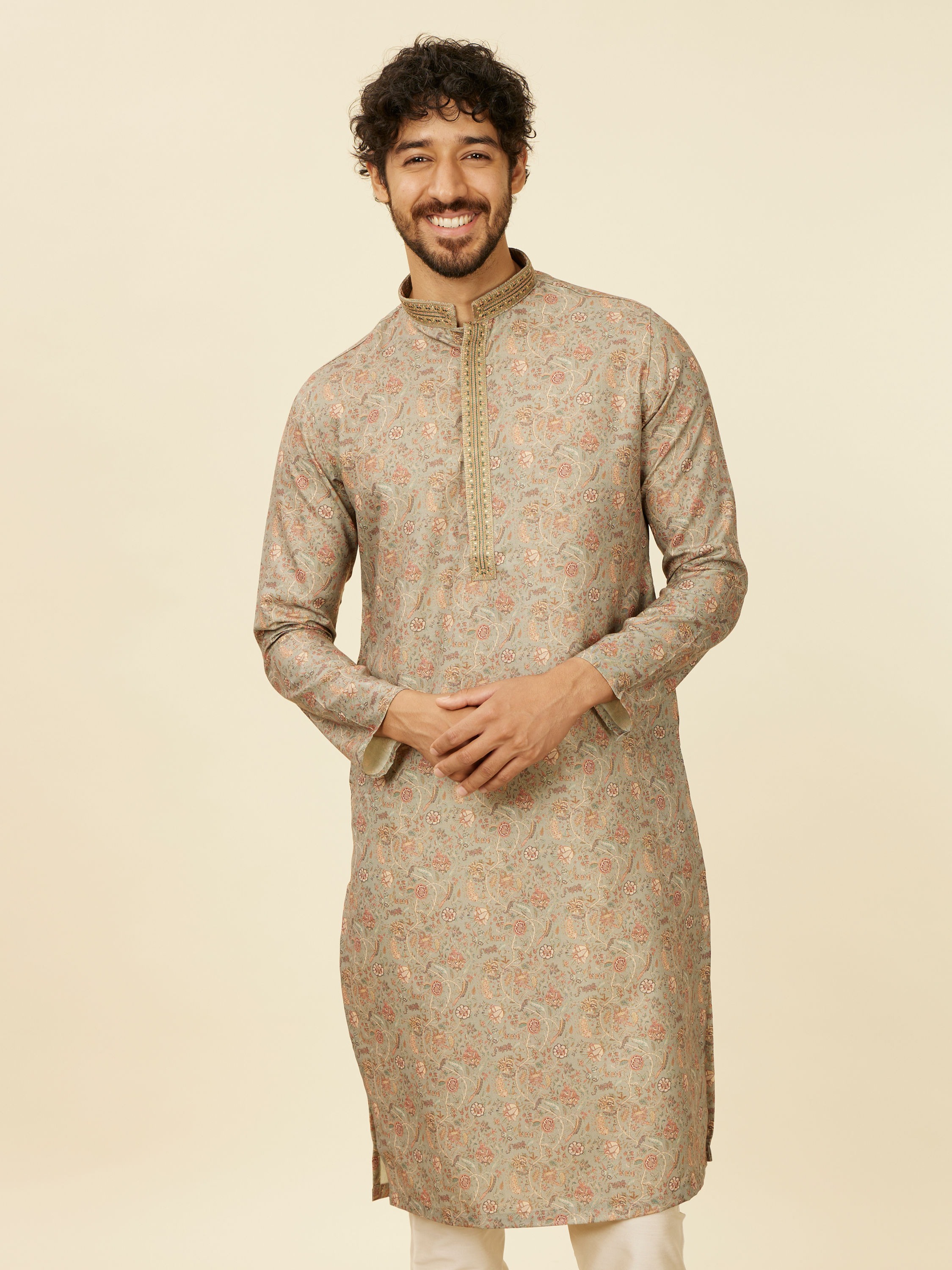 Manyavar Men Pista Green Bel Buti patterned Kurta Set