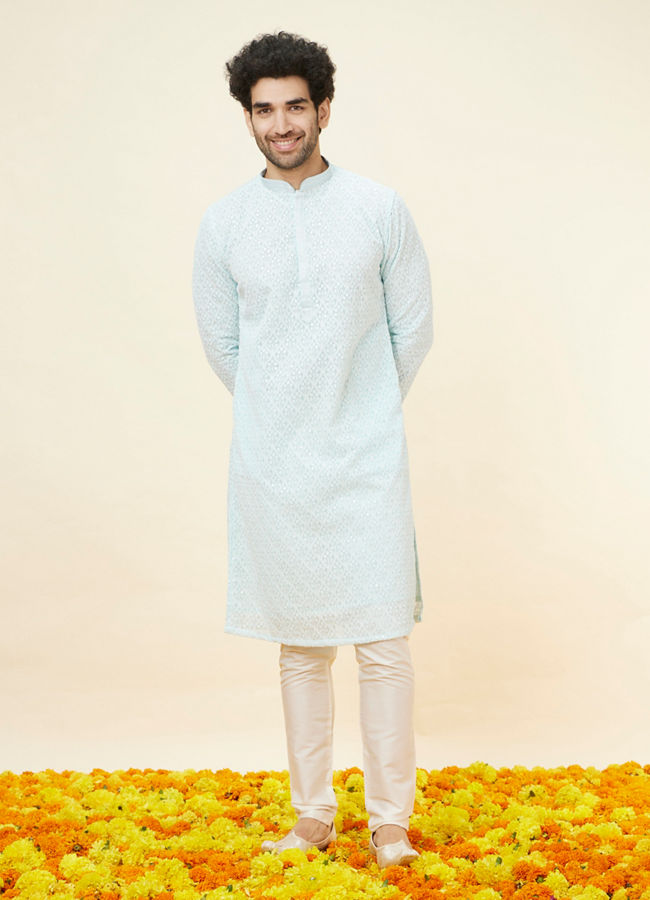 alt message - Manyavar Men Light Blue Sequin Embroidered Kurta Pajama image number 2