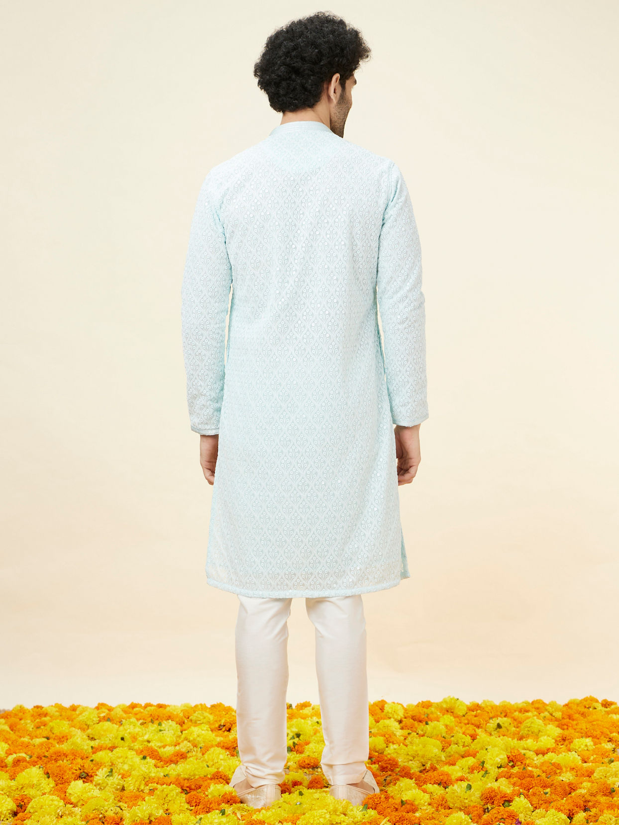 Manyavar Men Light Blue Sequin Embroidered Kurta Pajama