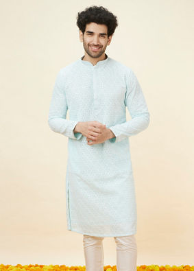 Manyavar Men Light Blue Sequin Embroidered Kurta Pajama