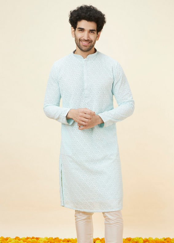 Manyavar Men Light Blue Sequin Embroidered Kurta Pajama