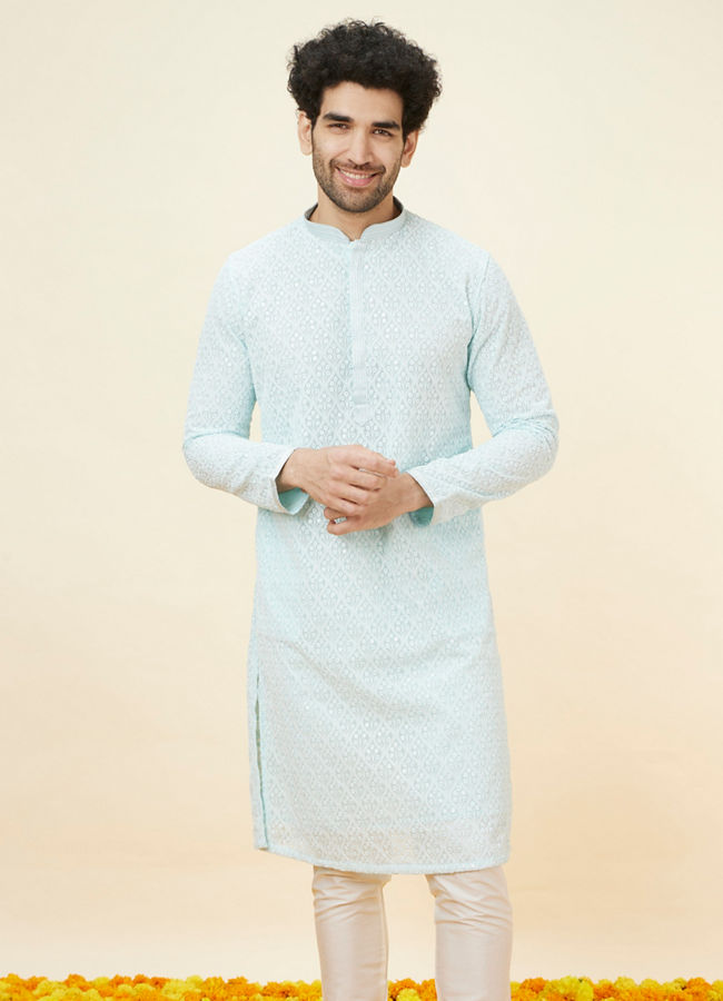 alt message - Manyavar Men Light Blue Sequin Embroidered Kurta Pajama image number 0