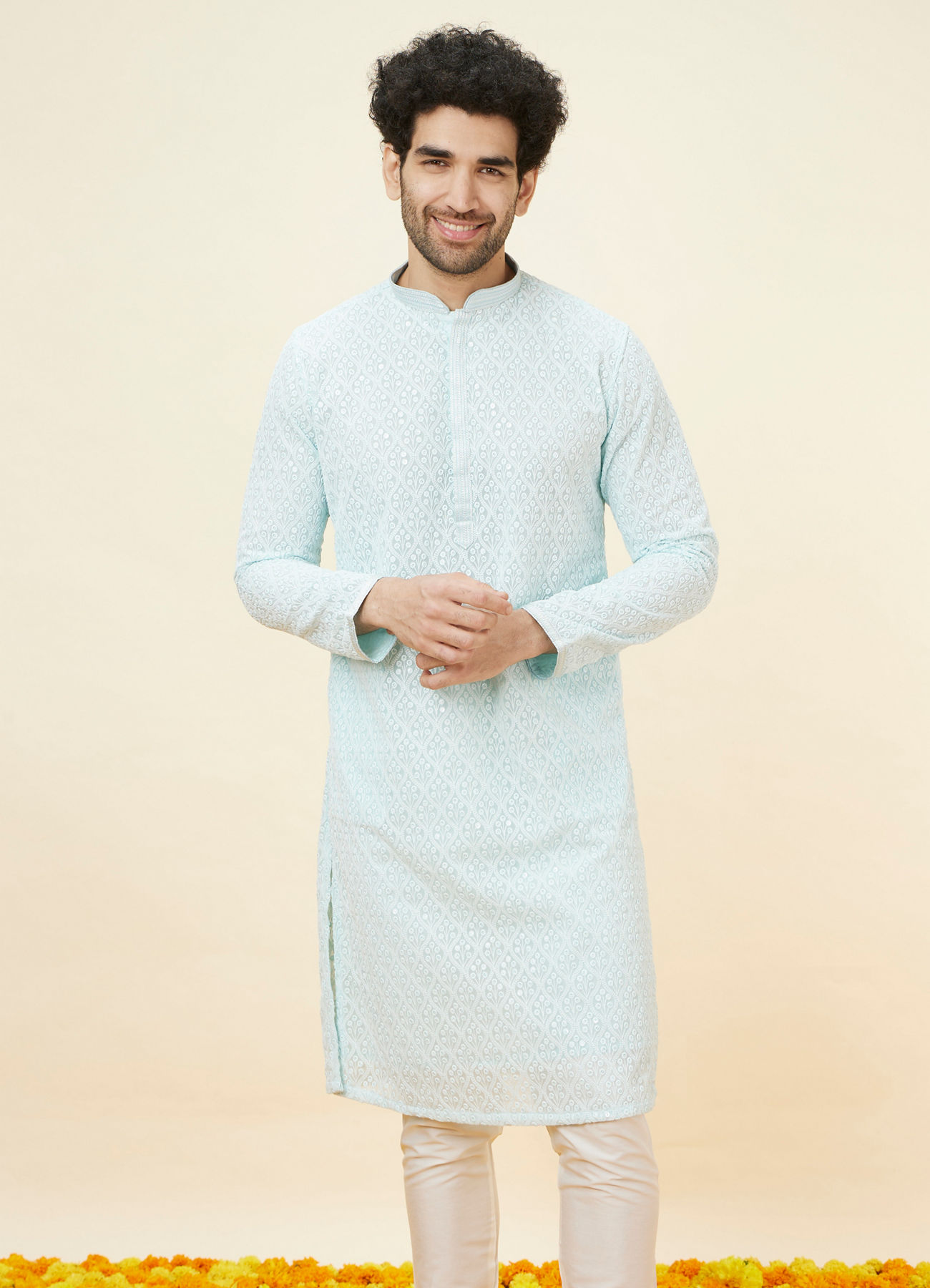 Manyavar Men Light Blue Sequin Embroidered Kurta Pajama