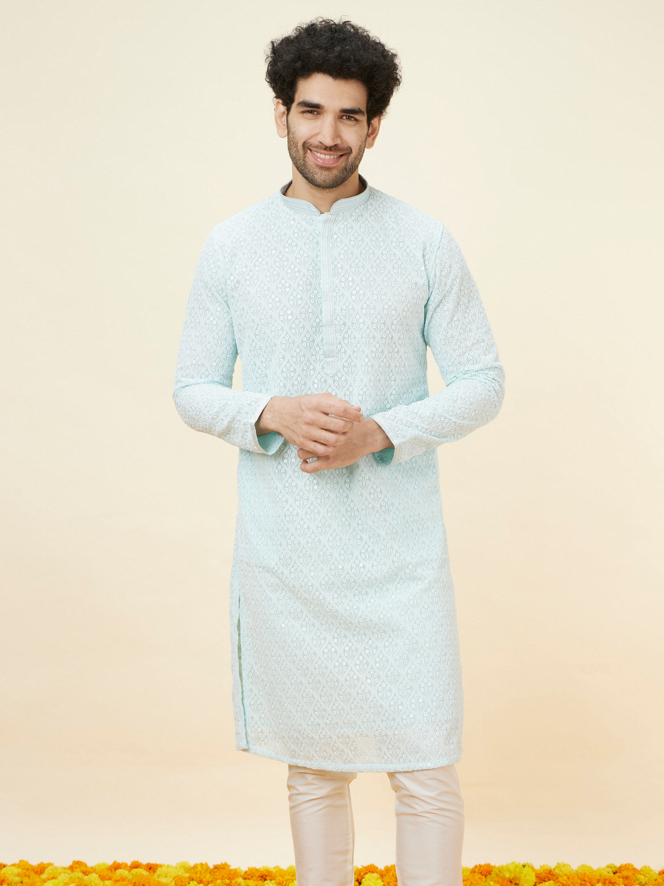 Manyavar Men Light Blue Sequin Embroidered Kurta Pajama