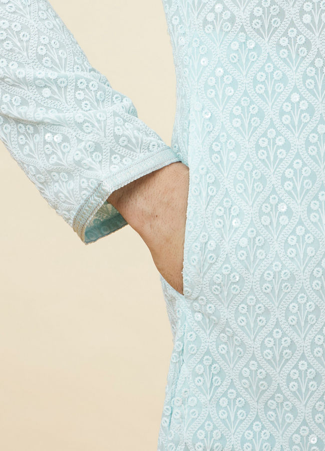 alt message - Manyavar Men Light Blue Sequin Embroidered Kurta Pajama image number 3