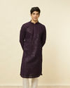 alt message - Manyavar Men Violet Blue Chikankari Patterned Kurta Set image number 0