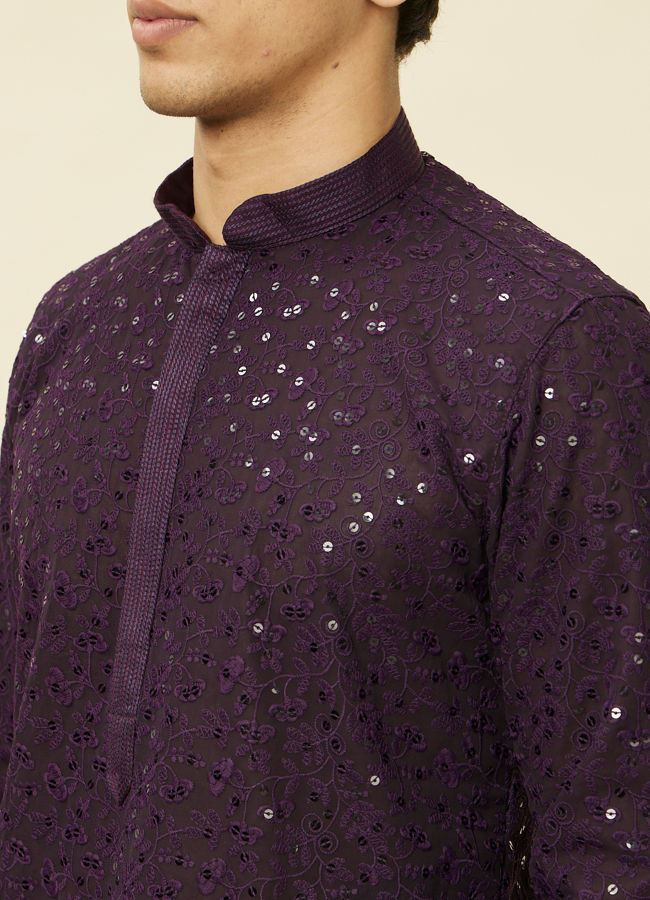 alt message - Manyavar Men Violet Blue Chikankari Patterned Kurta Set image number 1