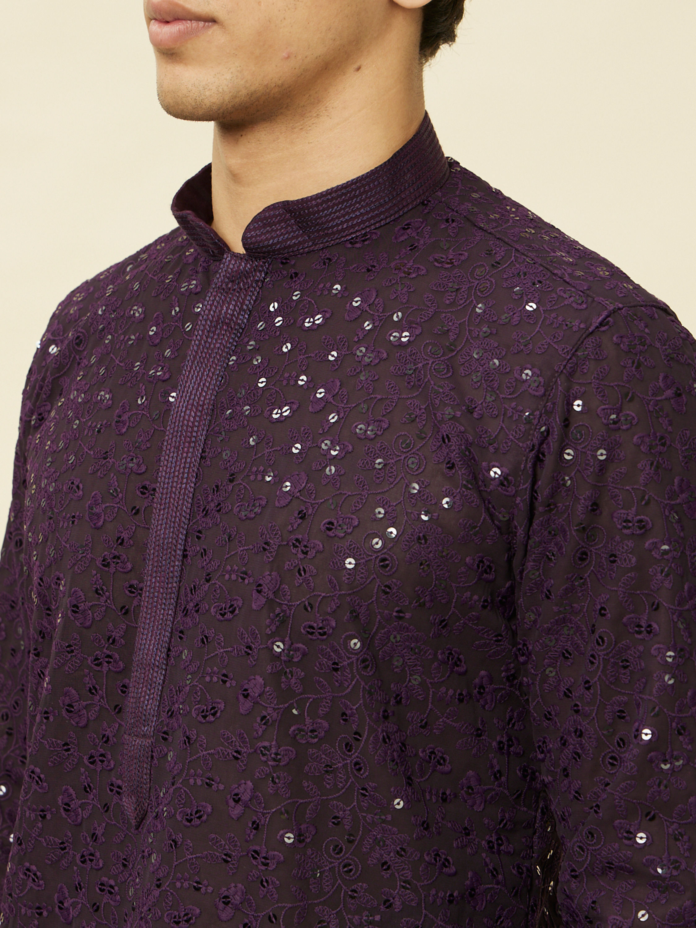 Manyavar Men Violet Blue Chikankari Patterned Kurta Set