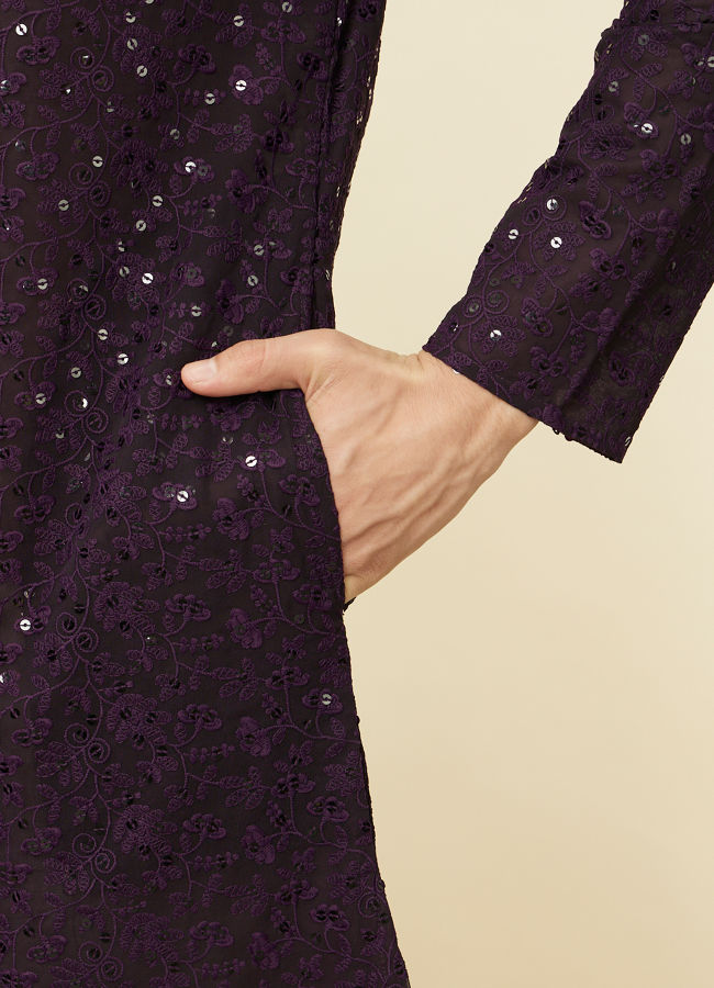 Manyavar Men Violet Blue Chikankari Patterned Kurta Set