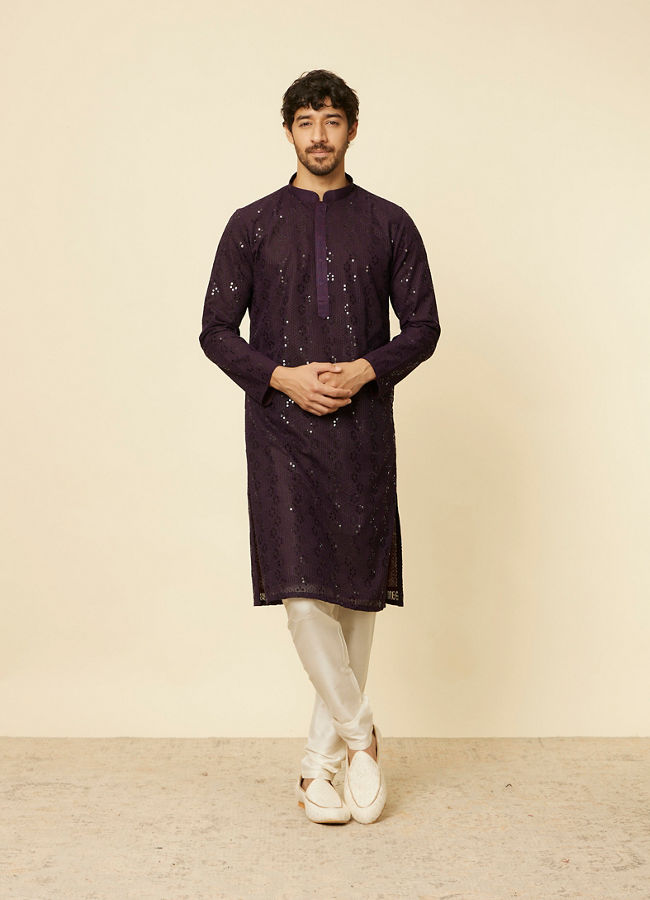 alt message - Manyavar Men Royal Purple Chikankari Kurta Set image number 2