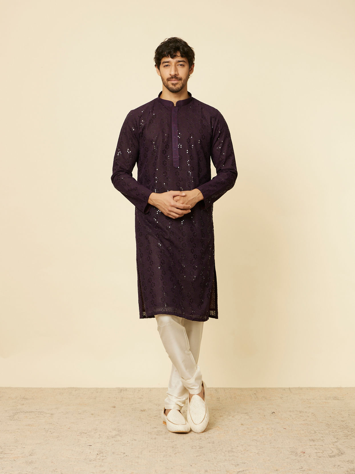 Manyavar Men Royal Purple Chikankari Kurta Set