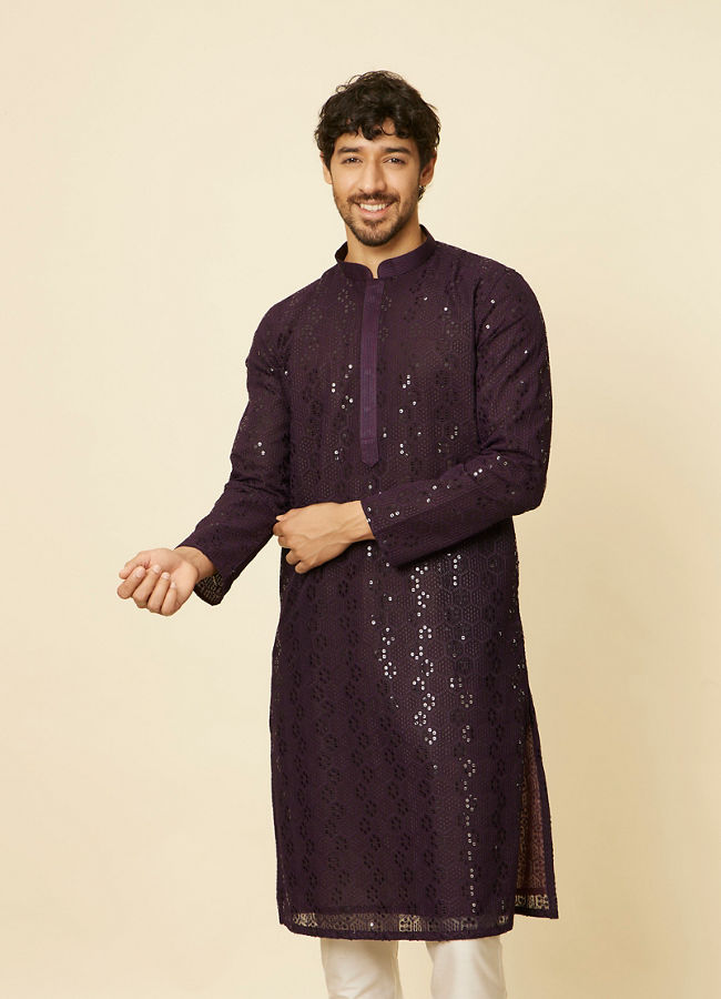 alt message - Manyavar Men Royal Purple Chikankari Kurta Set image number 0