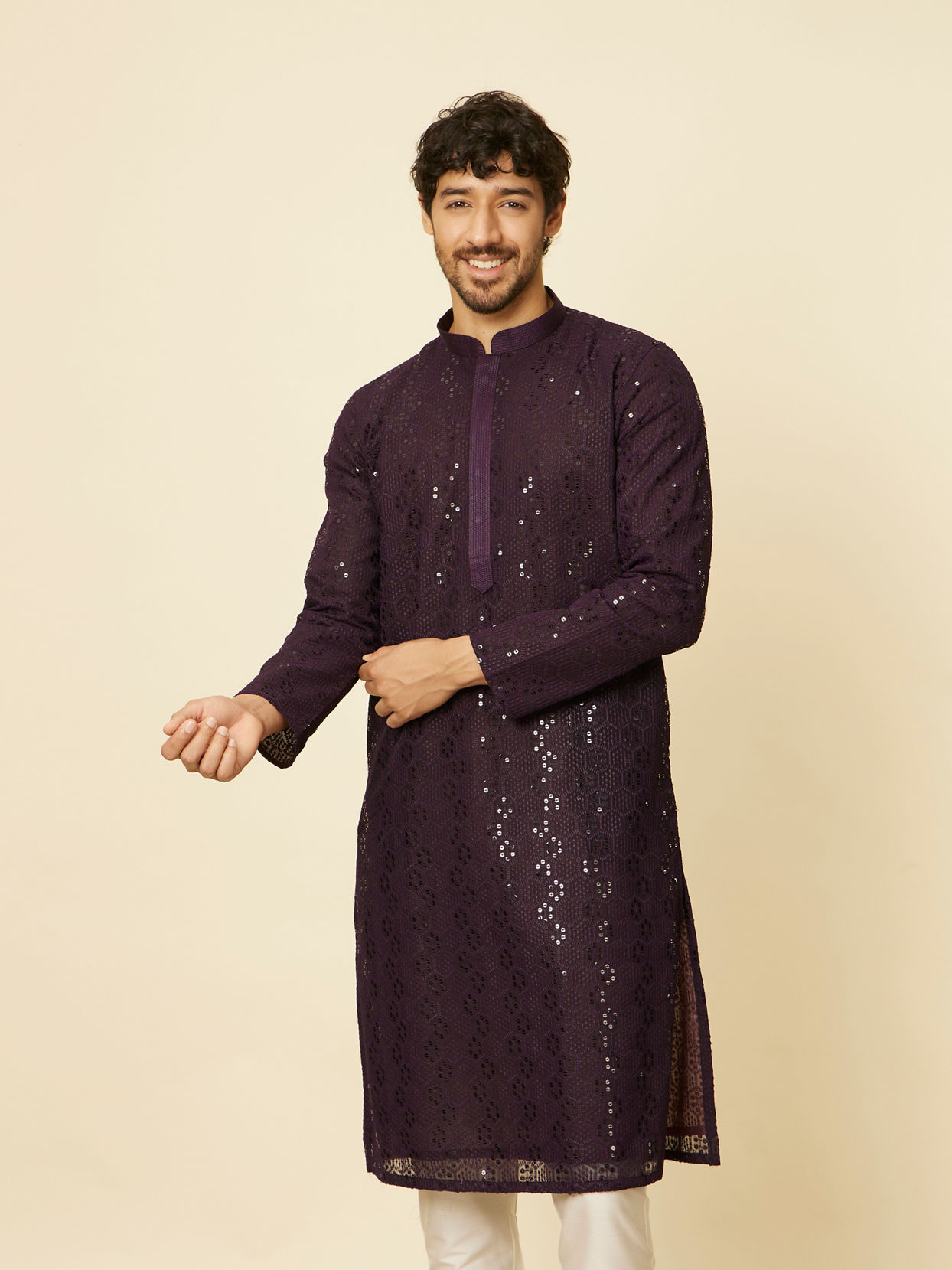 alt message - Manyavar Men Royal Purple Chikankari Kurta Set image number 0