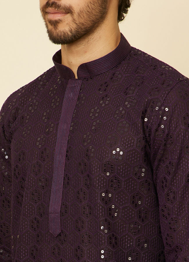 alt message - Manyavar Men Royal Purple Chikankari Kurta Set image number 1