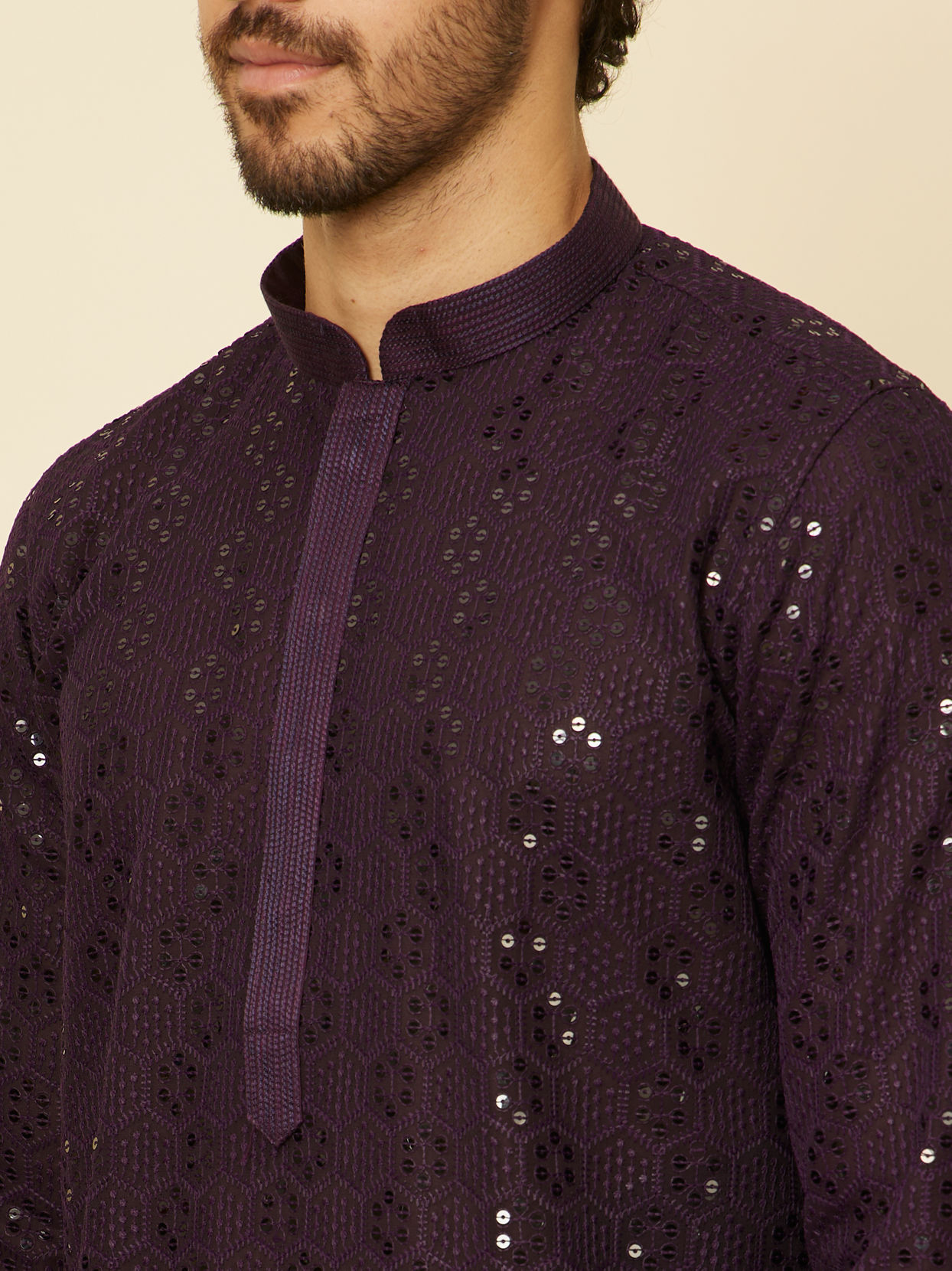 alt message - Manyavar Men Royal Purple Chikankari Kurta Set image number 1