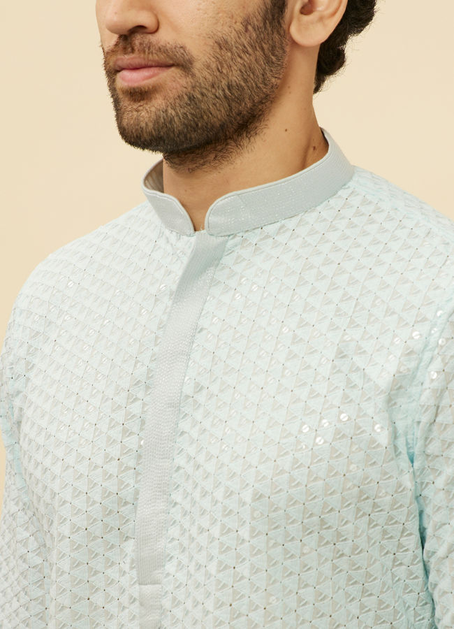 alt message - Manyavar Men Powder Blue Chikankari Sequinned Kurta Set image number 1