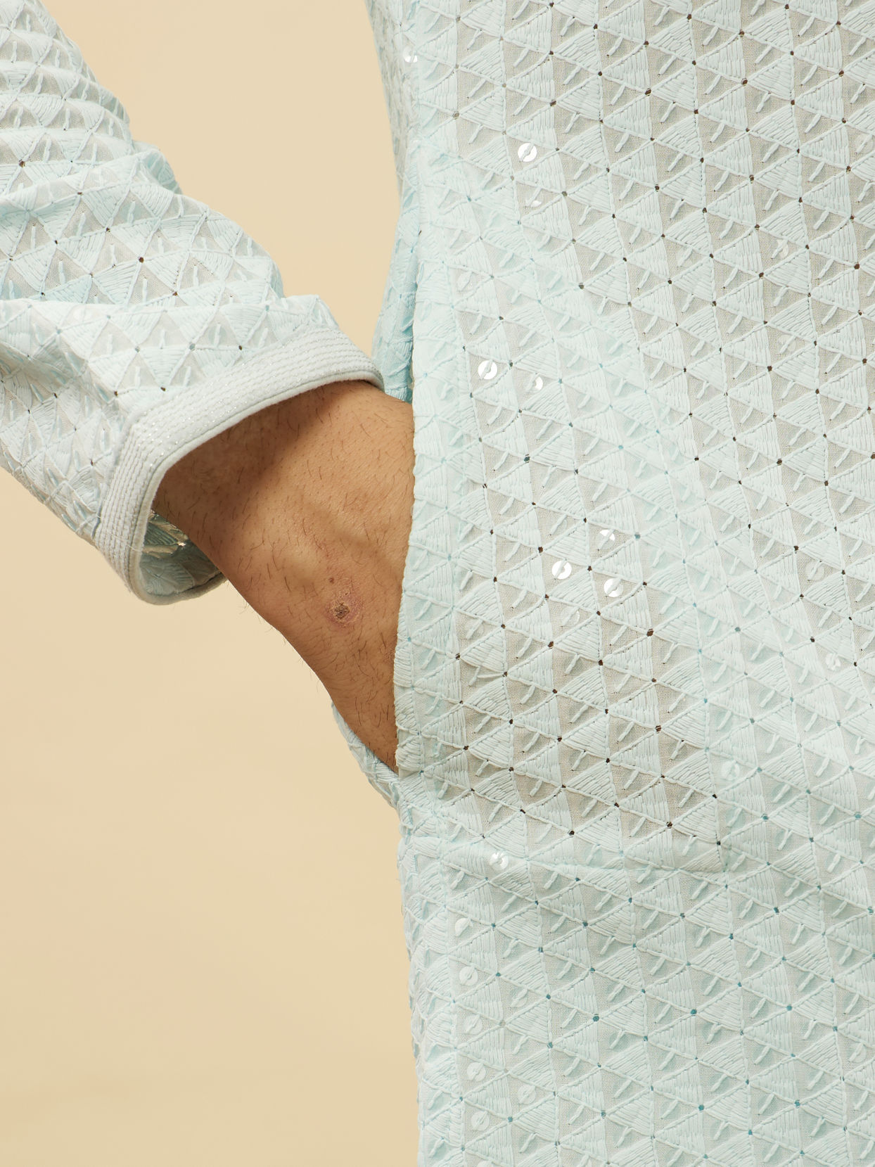 Manyavar Men Powder Blue Chikankari Sequinned Kurta Set