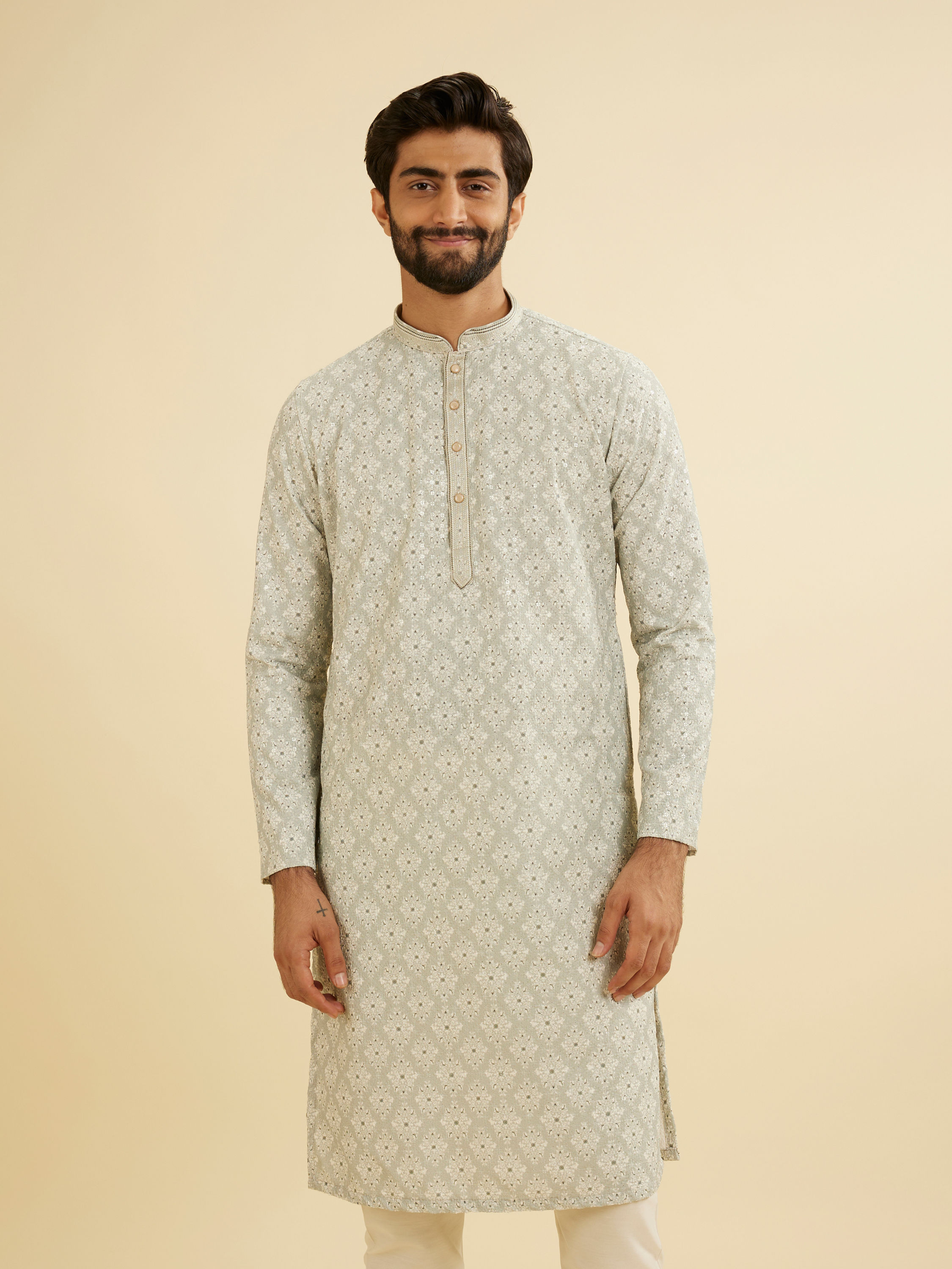 Manyavar Men Pale Pink and Pista Green Patterned Kurta Set