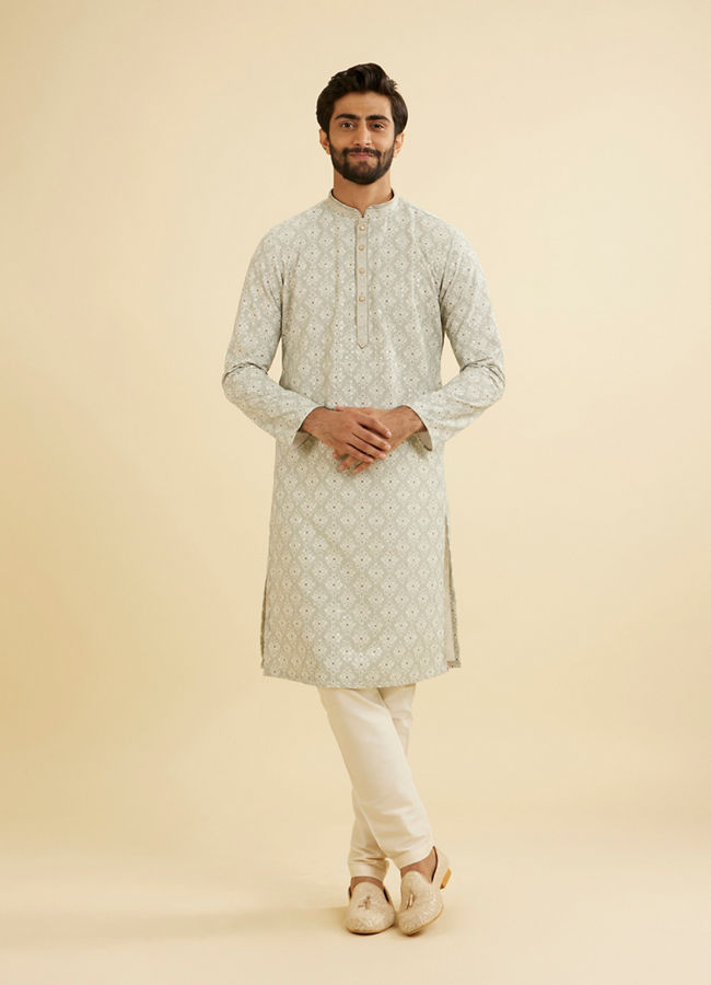 Manyavar Men Pale Pink and Pista Green Patterned Kurta Set