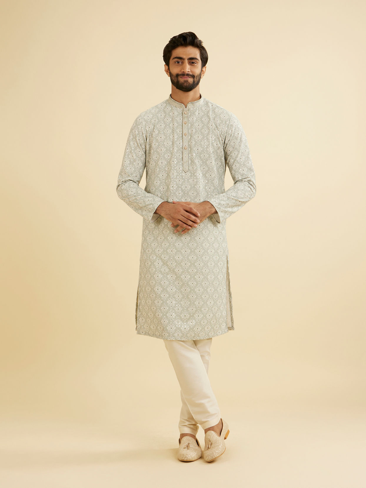 Manyavar Men Pale Pink and Pista Green Patterned Kurta Set