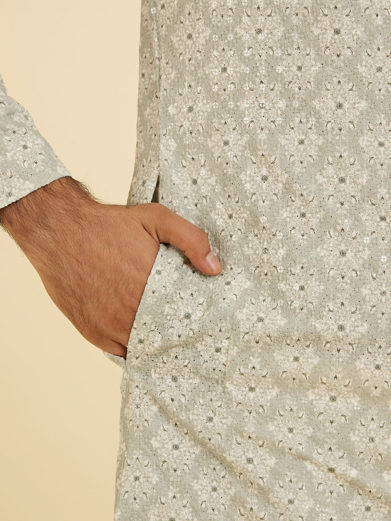 Manyavar Men Pale Pink and Pista Green Patterned Kurta Set