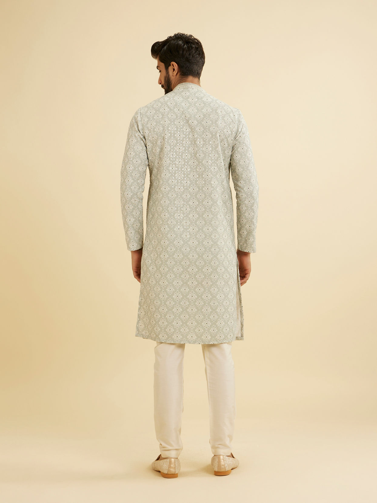 Manyavar Men Pale Pink and Pista Green Patterned Kurta Set
