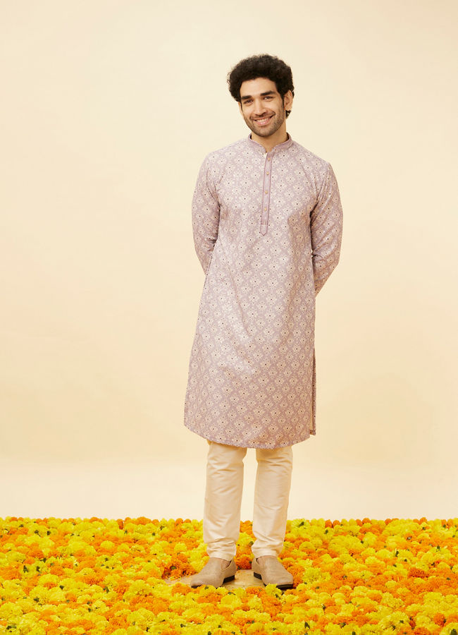 alt message - Manyavar Men Lavender Medallion Printed Kurta Set image number 2