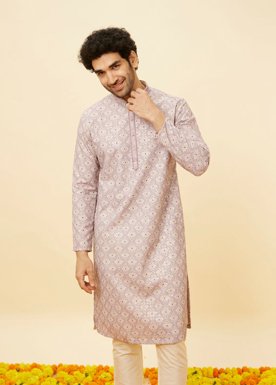 Manyavar Men Lavender Medallion Printed Kurta Set