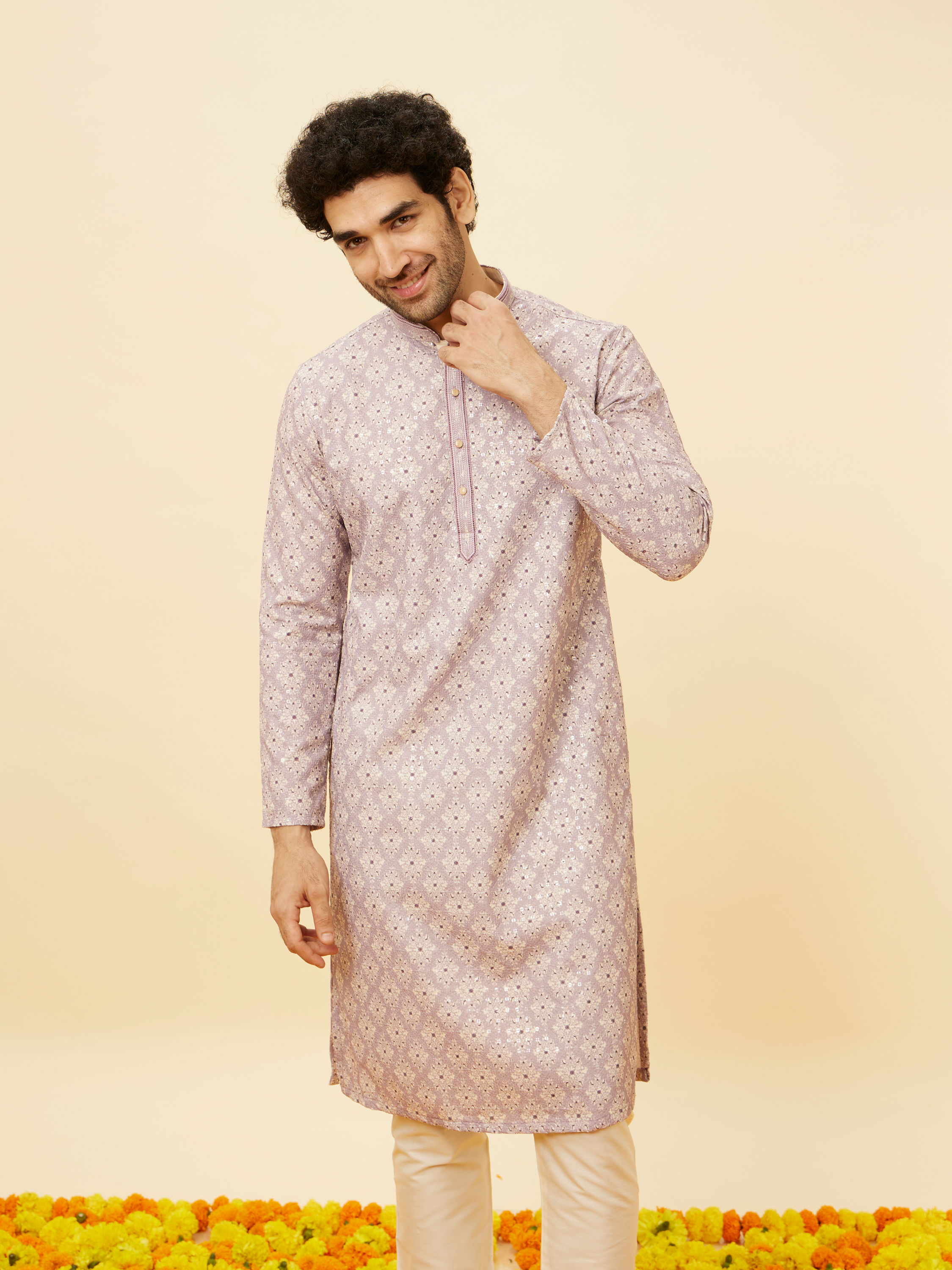 Manyavar Men Lavender Medallion Printed Kurta Set