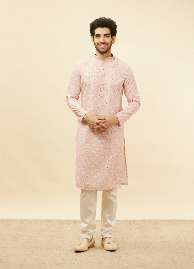 Manyavar Men Rose Pink Medallion Print Sequinned Kurta Set