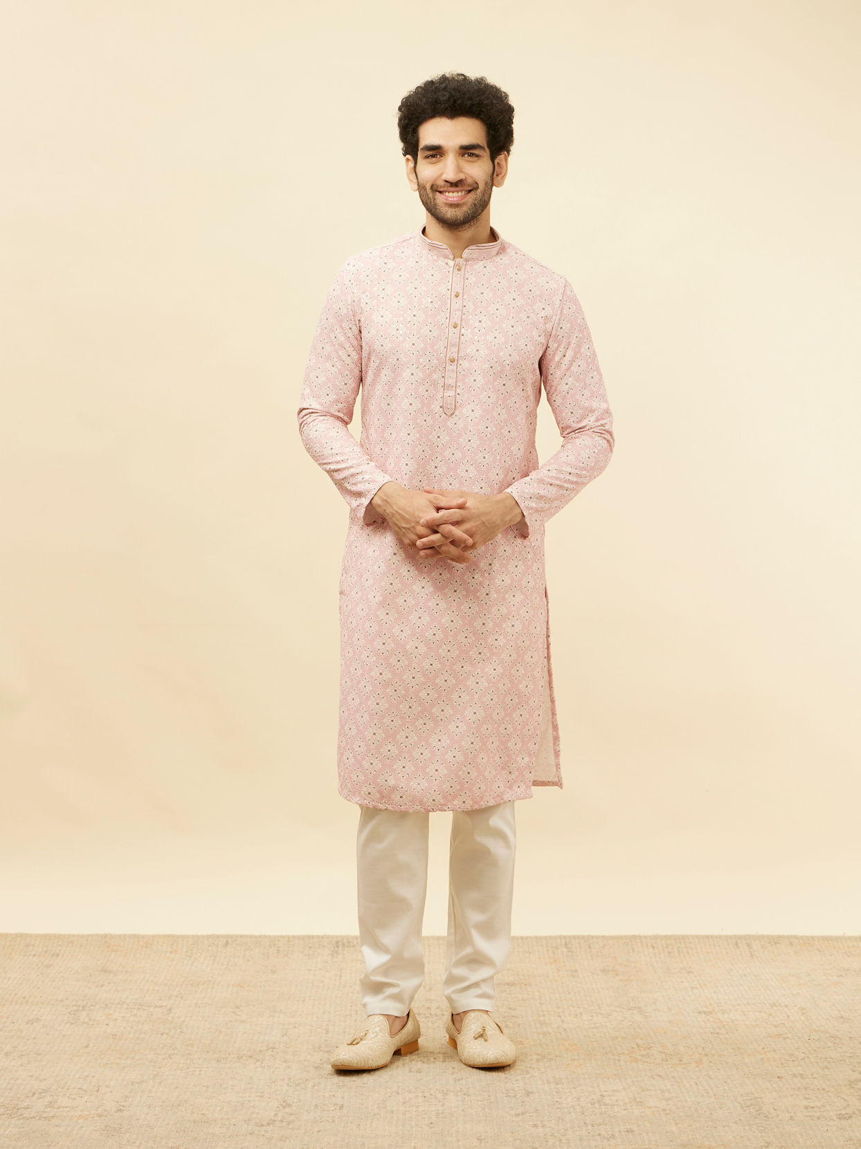 alt message - Manyavar Men Rose Pink Medallion Print Sequinned Kurta Set image number 2