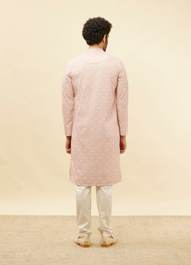 Manyavar Men Rose Pink Medallion Print Sequinned Kurta Set