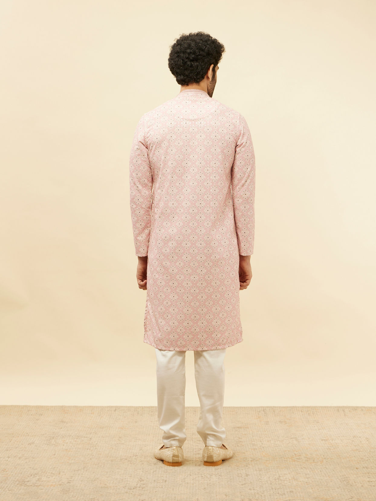 Manyavar Men Rose Pink Medallion Print Sequinned Kurta Set