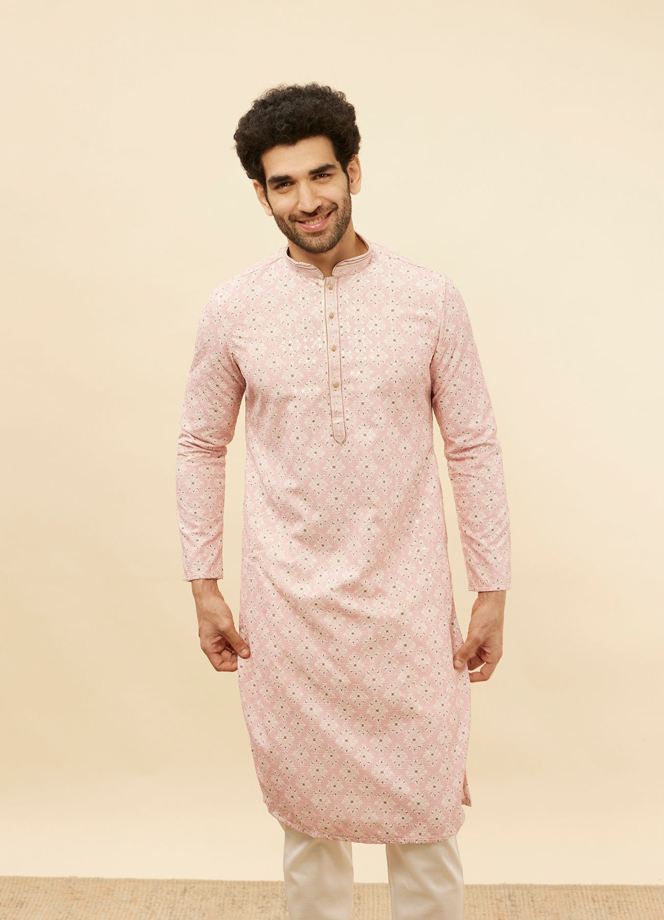 Manyavar Men Rose Pink Medallion Print Sequinned Kurta Set