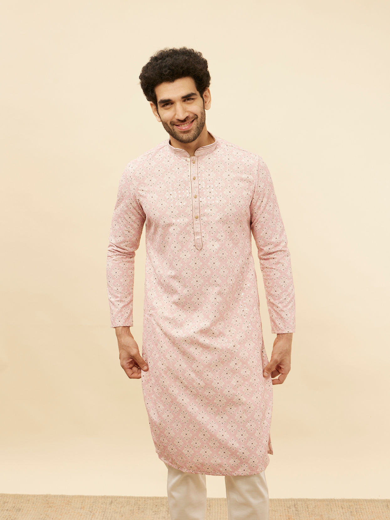 alt message - Manyavar Men Rose Pink Medallion Print Sequinned Kurta Set image number 0