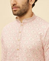 alt message - Manyavar Men Rose Pink Medallion Print Sequinned Kurta Set image number 1