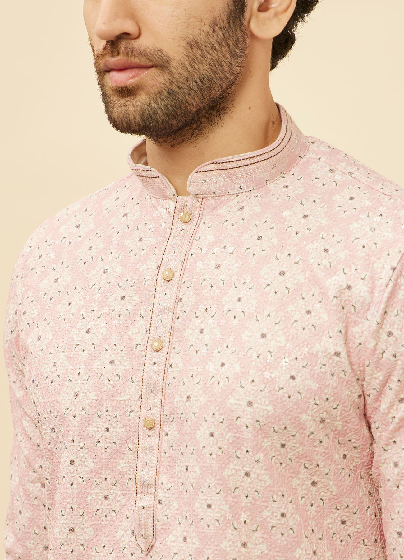 Manyavar Men Rose Pink Medallion Print Sequinned Kurta Set