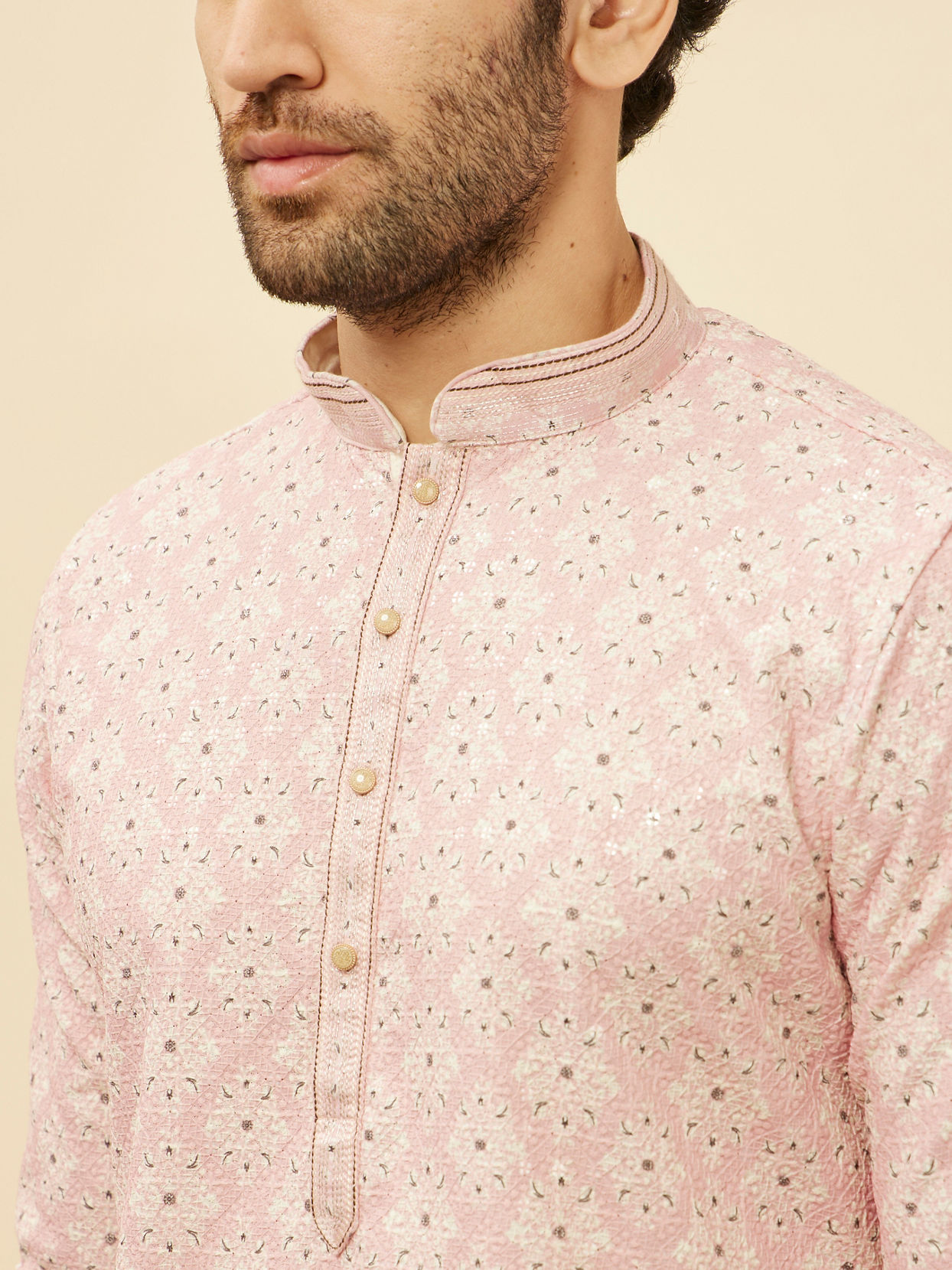 alt message - Manyavar Men Rose Pink Medallion Print Sequinned Kurta Set image number 1