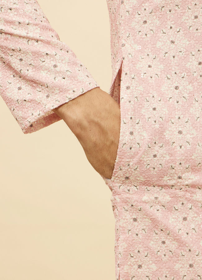 Manyavar Men Rose Pink Medallion Print Sequinned Kurta Set