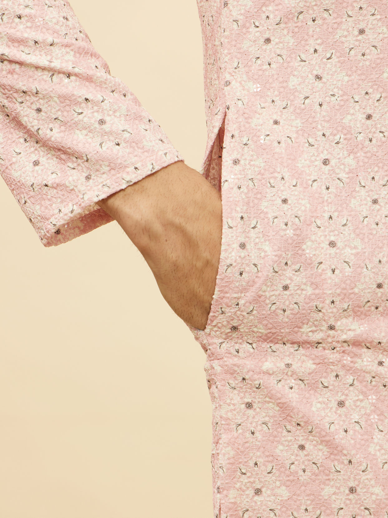 Manyavar Men Rose Pink Medallion Print Sequinned Kurta Set