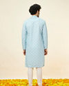Manyavar Men Soft Blue Medallion Print Kurta Set